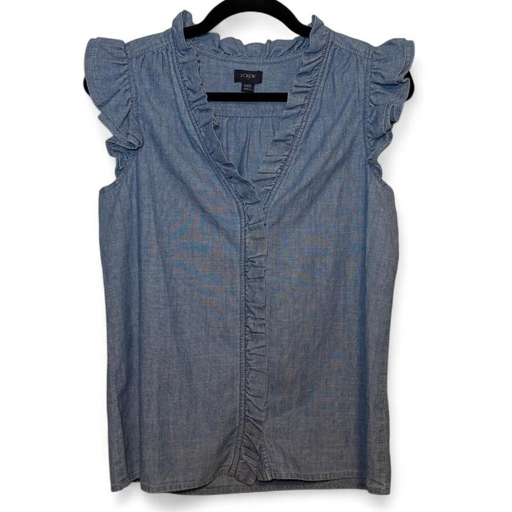J.Crew Blue Chambray Blouse + Ruffle/Flutter Collar/Sleeves